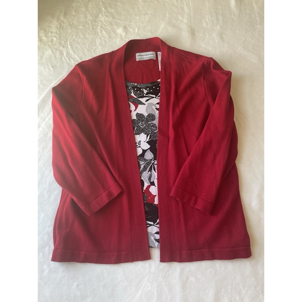 Alfred‎ Dunner PL Red Open Cardigan Top Floral Embellished
